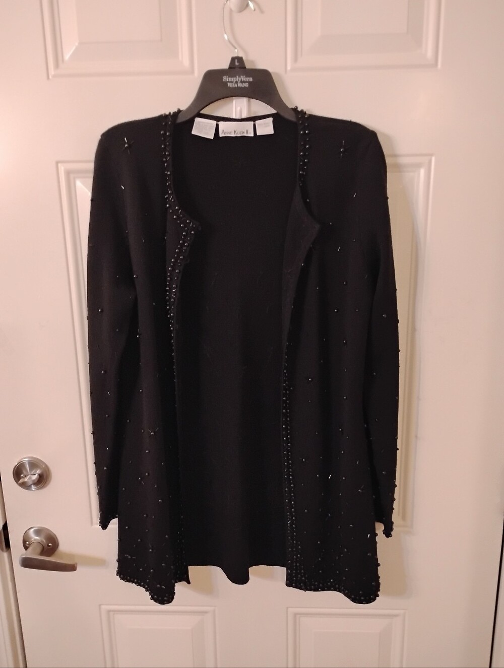 Vintage 100% Wool Anne Klein Black Beaded Open Cardigan